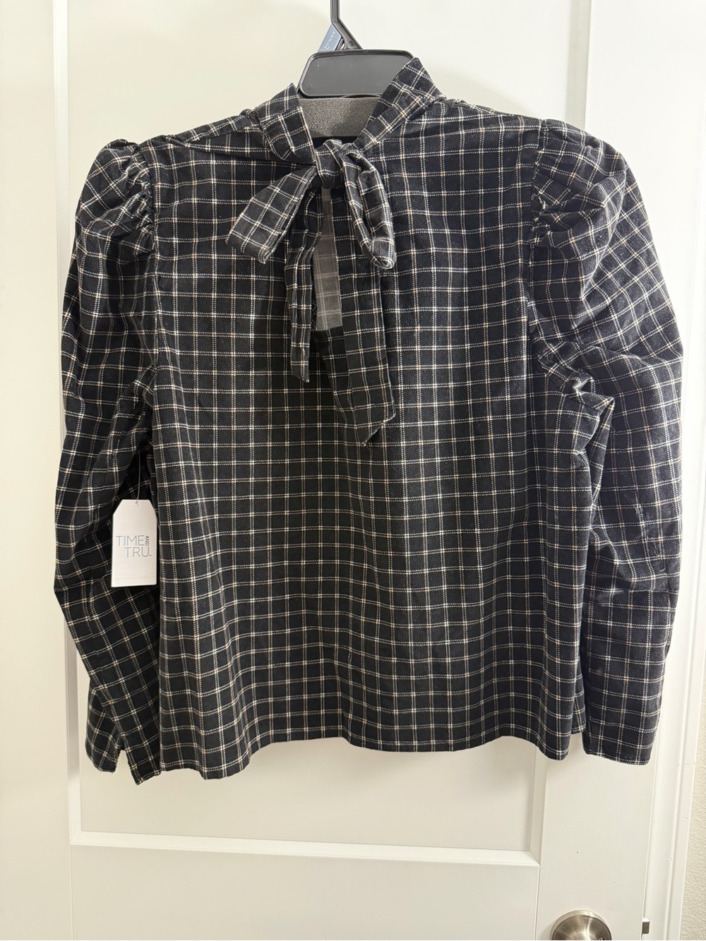 3XL Black Plaid Tie-Neck Women's Top
